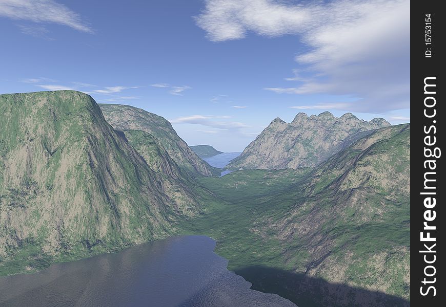 A computer generated mountain lake view