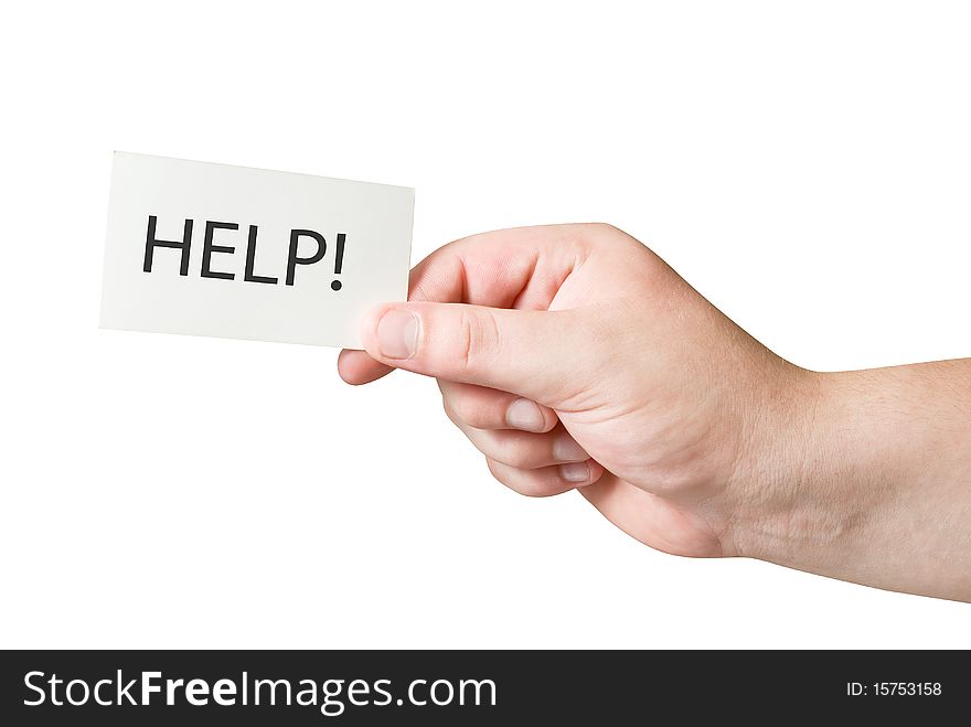 White paper card with Help text in human hand isolated