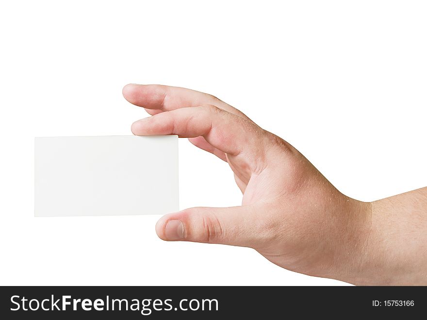 Empty card in human hand isolated background with path