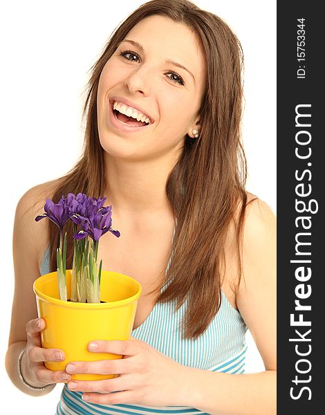 Young Brunette Woman With Flowerpot