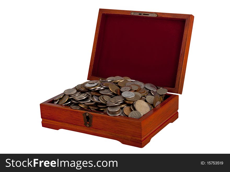 Cash box with pile of coins. Cash box with pile of coins