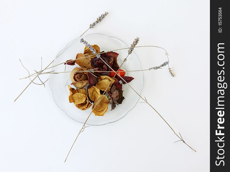 Dried Flowers in a transparent dish isolated on a white background