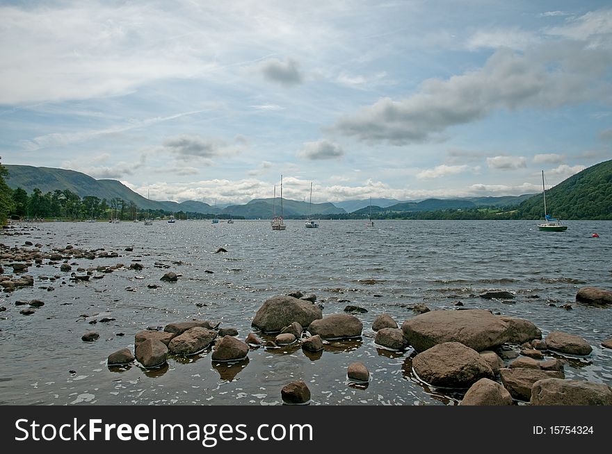 The landscape of ullswater at pooley bridge in cumbria in england. The landscape of ullswater at pooley bridge in cumbria in england