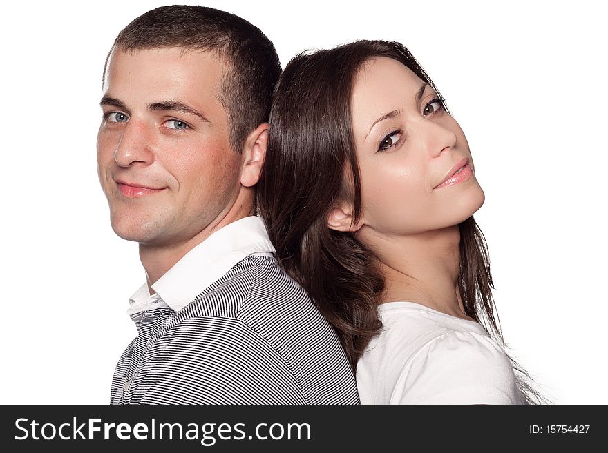 Woman and man posing on a white background. Woman and man posing on a white background