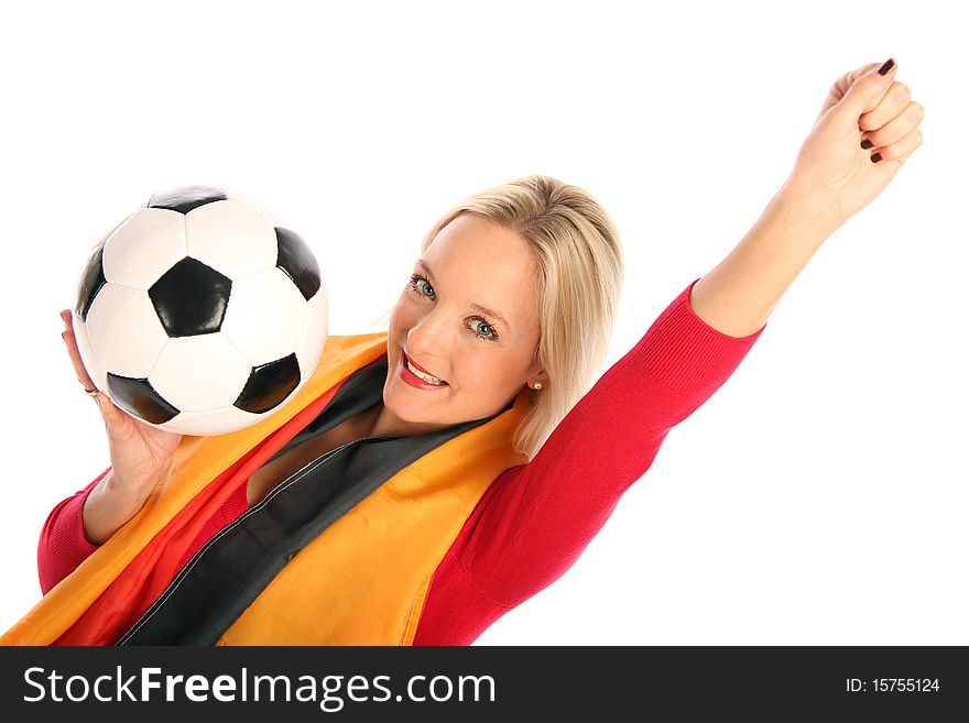 Blond female football fan with a german flag and a football