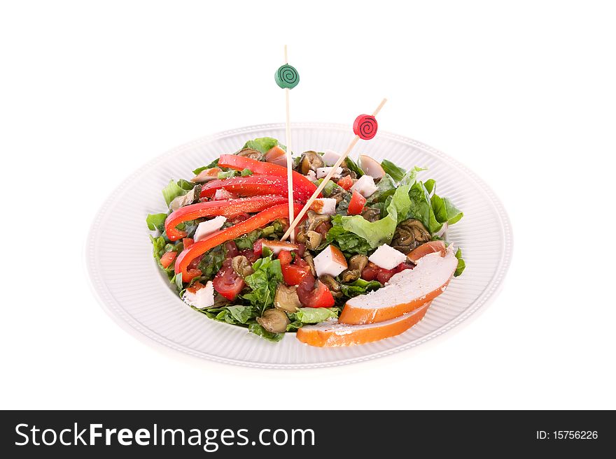 Healthy dinner salad with roasted chicken isolated on whiet background