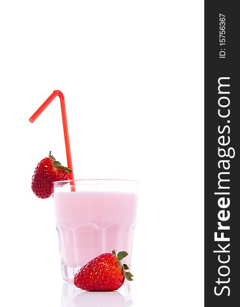 A glass with strawberry drinking yoghurt isolated over white