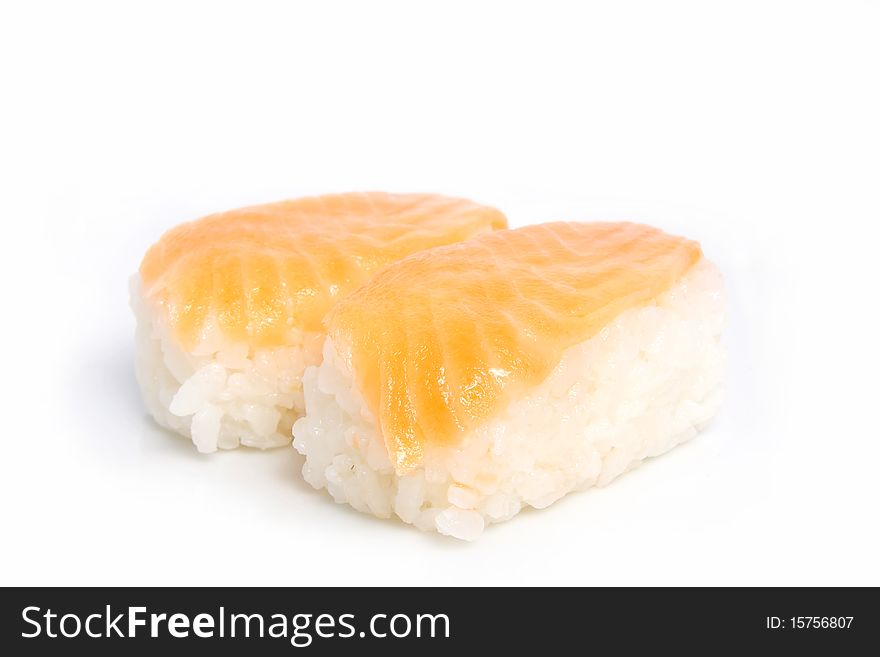 Japanese sushi with salmon fish on white background