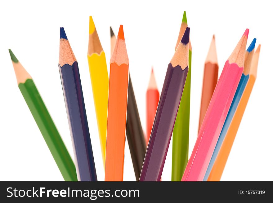 Close-up image of multicolor pencils isolated on white background