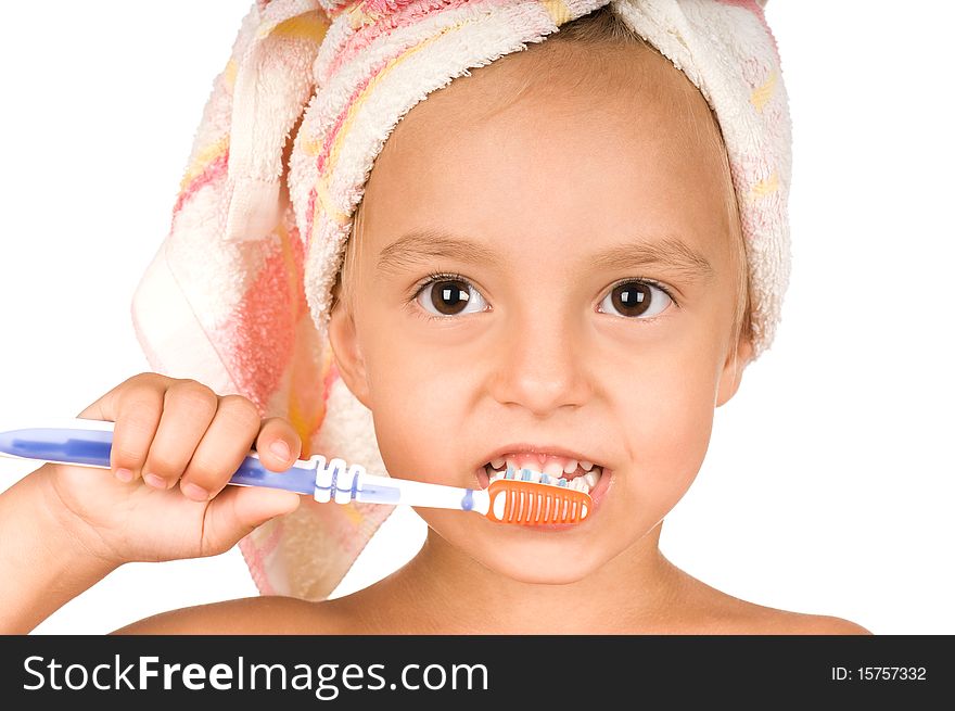 Happy little girl with toothbrush. Isolated on white background.