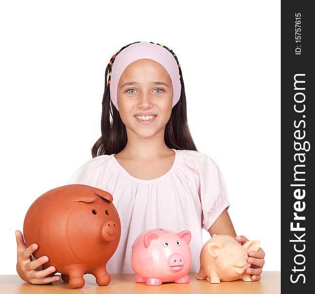 Little Girl With With Three Piggy-bank