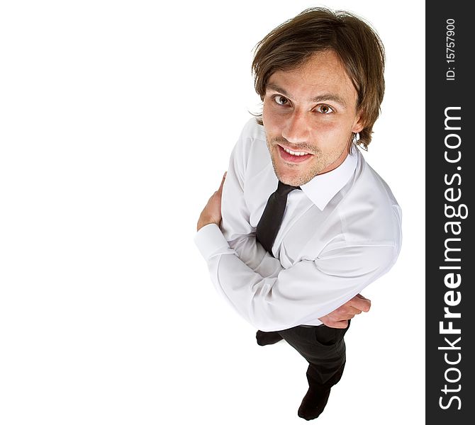 Young businessman isolated over white background with a black tie and longer hair. Young businessman isolated over white background with a black tie and longer hair.