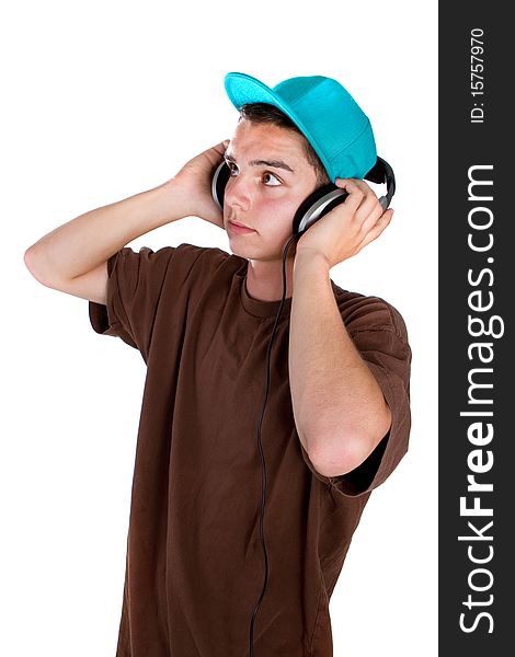 Young fresh teenager with headphones isolated over a white background. Young fresh teenager with headphones isolated over a white background.