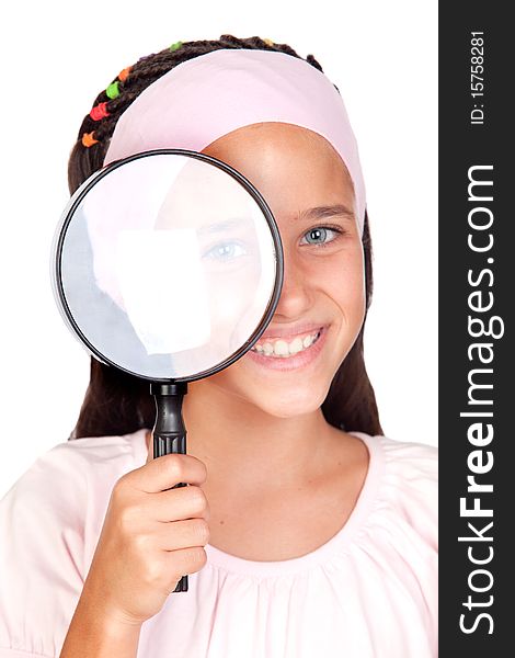 Little girl with a large magnifying glass isolated on white background