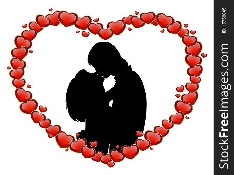 Silhouette of lovers on a background with heart