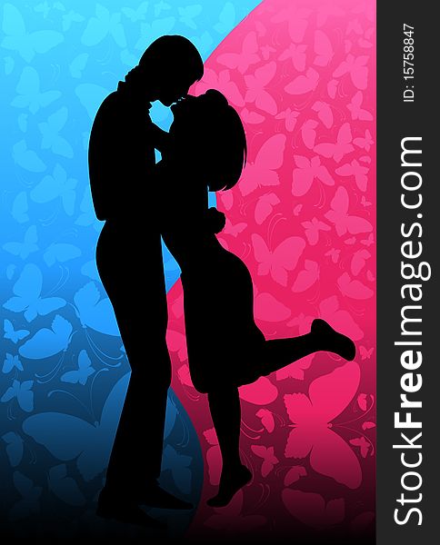 Silhouette of lovers on a background with butterflies