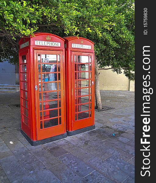 Tipical english phone booths in Gibraltar. Tipical english phone booths in Gibraltar
