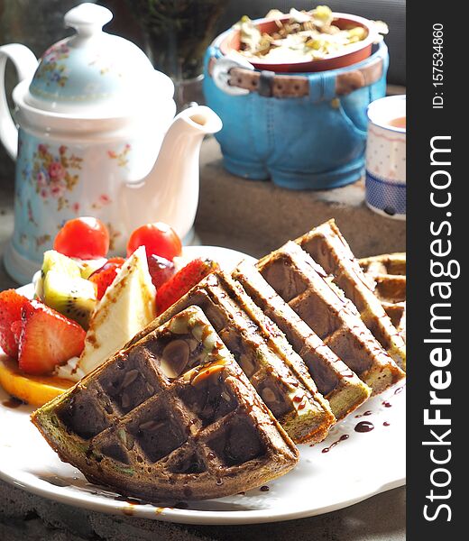 Original hotcake with fruit on white plate