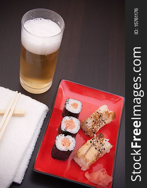 Small sushi set with beer