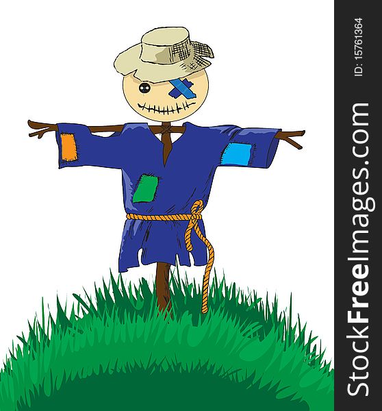 Scarecrow standing in the field and keeps people away birds and animals from plants