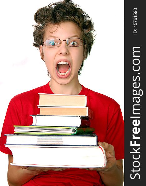 Shocked Boy With Set Of Books