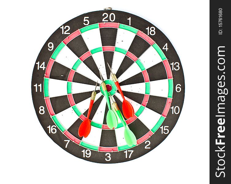 Old dartboard with Darts isolated on white background