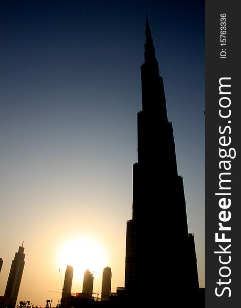 Worlds tallest building at sunset, in Dubai, UAE. Home of the new armani hotel. Worlds tallest building at sunset, in Dubai, UAE. Home of the new armani hotel.