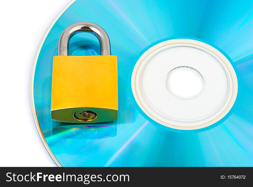 Computer disk and lock isolated on white background