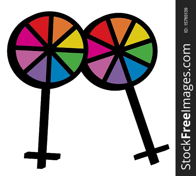 Two female symbols leaning on each other with the rainbow colors typical of the gay community. Two female symbols leaning on each other with the rainbow colors typical of the gay community