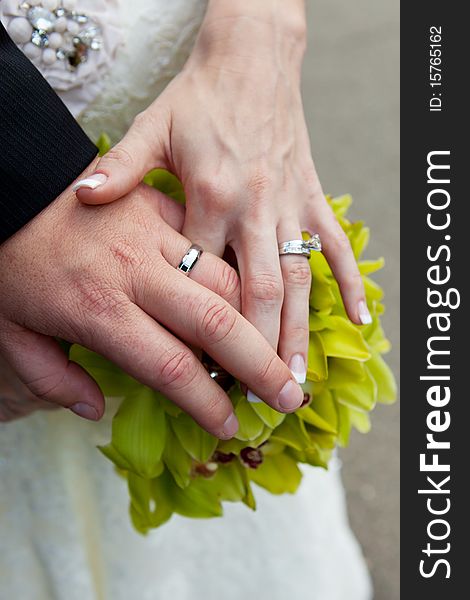 Wedding couple with rings and bouquet