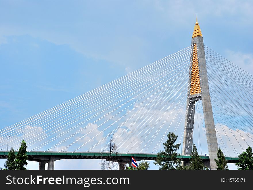 The pillar part of the suspension bridge with brighten sky view. The pillar part of the suspension bridge with brighten sky view