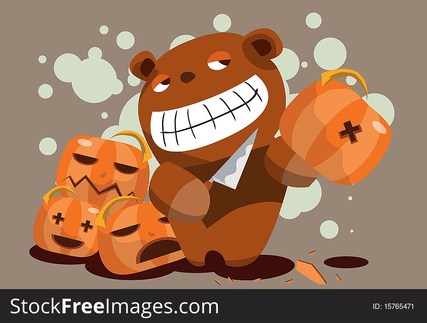 Image of teddy bear who is carving pumpkins on Halloween. Image of teddy bear who is carving pumpkins on Halloween.