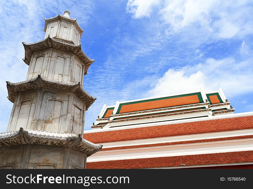 Chinese style pagoda in buddhist temple in Bangkok, Thailand