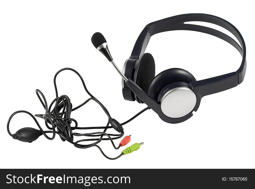 Headset with a full length wire isolated over white background