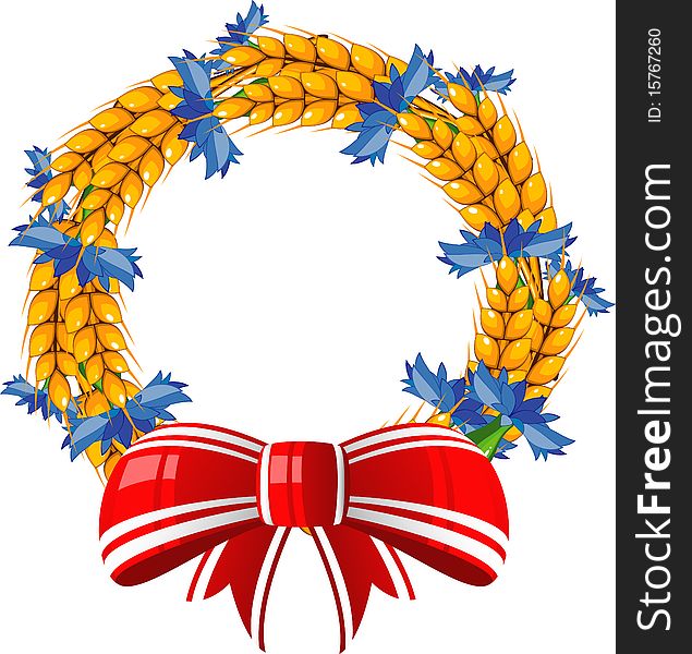 Wreath of ears and cornflower with a red bow. Over white. EPS 8