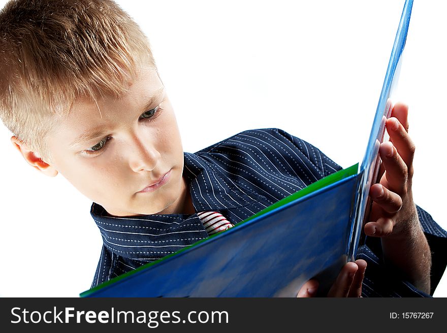 Teenager reads book. Reception of formation. Isolation on white background.