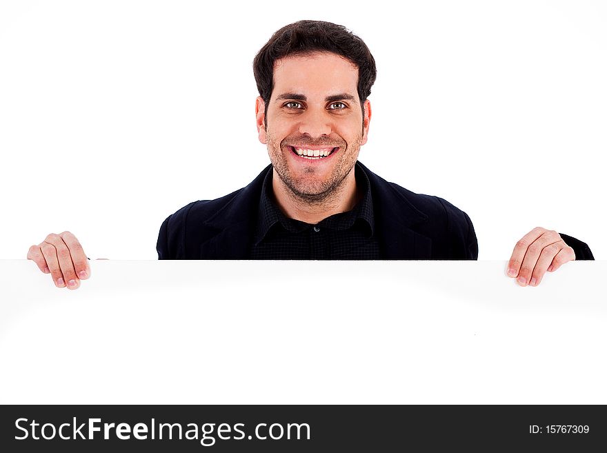 Portrait of a happy male holding blank white card