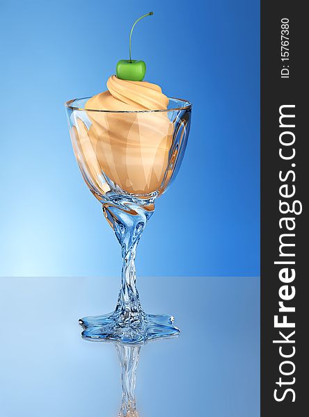 Apricot ice-cream topped with green cherry in glass on blue