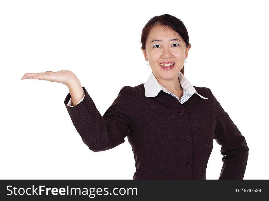 A woman with right arm raised to present. A woman with right arm raised to present