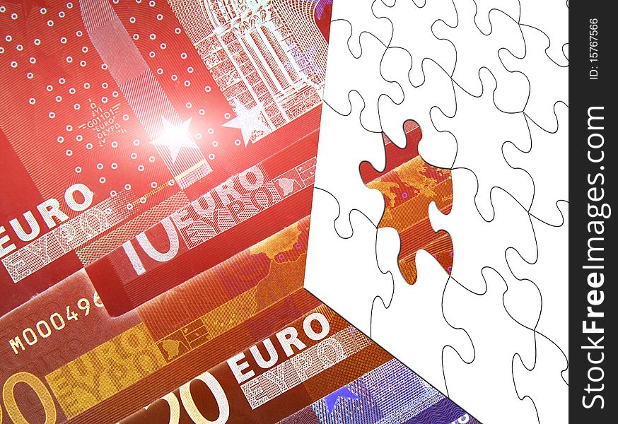 Euro banknotes with white jigsaw puzzle pieces. Euro banknotes with white jigsaw puzzle pieces