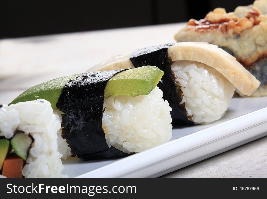 Various colorful sushi food served