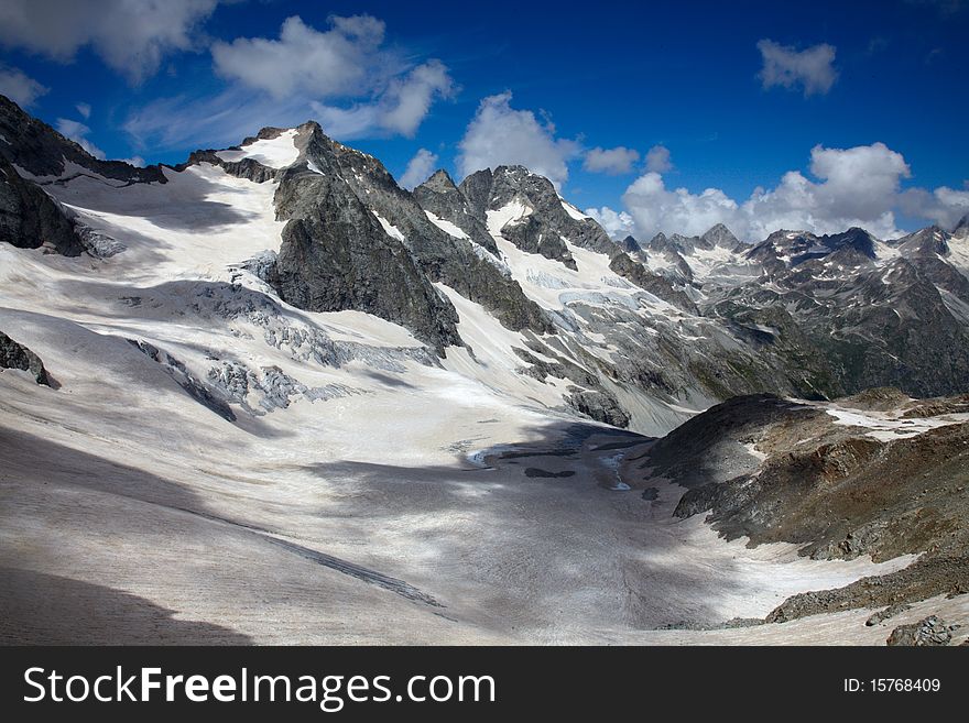 Extreme landscape of high mountains with ice fields