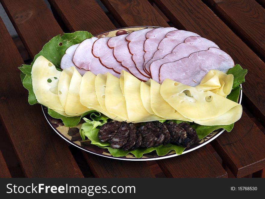 A plate of cheese and ham on lettuce. A plate of cheese and ham on lettuce