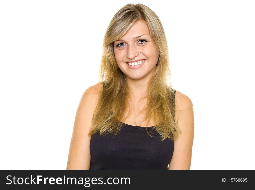 Young woman shows off her beautiful teeth. Isolated on white background. Young woman shows off her beautiful teeth. Isolated on white background