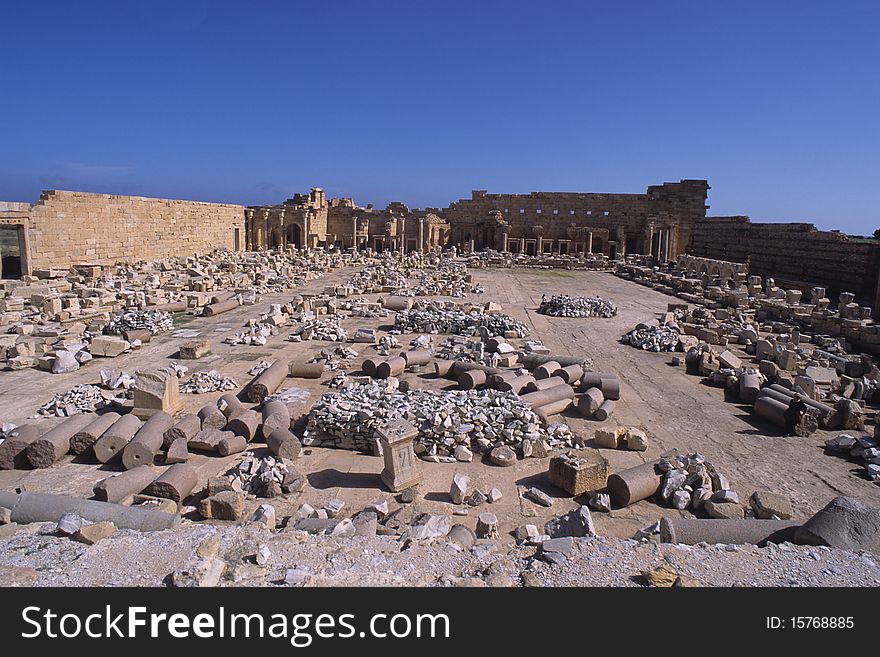 Overall view of Severan forum in the archaeological site of Leptis Magna
