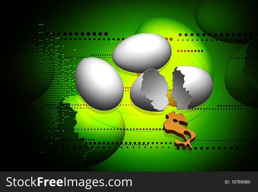 Digital illustration of egg and dollar in abstract color background