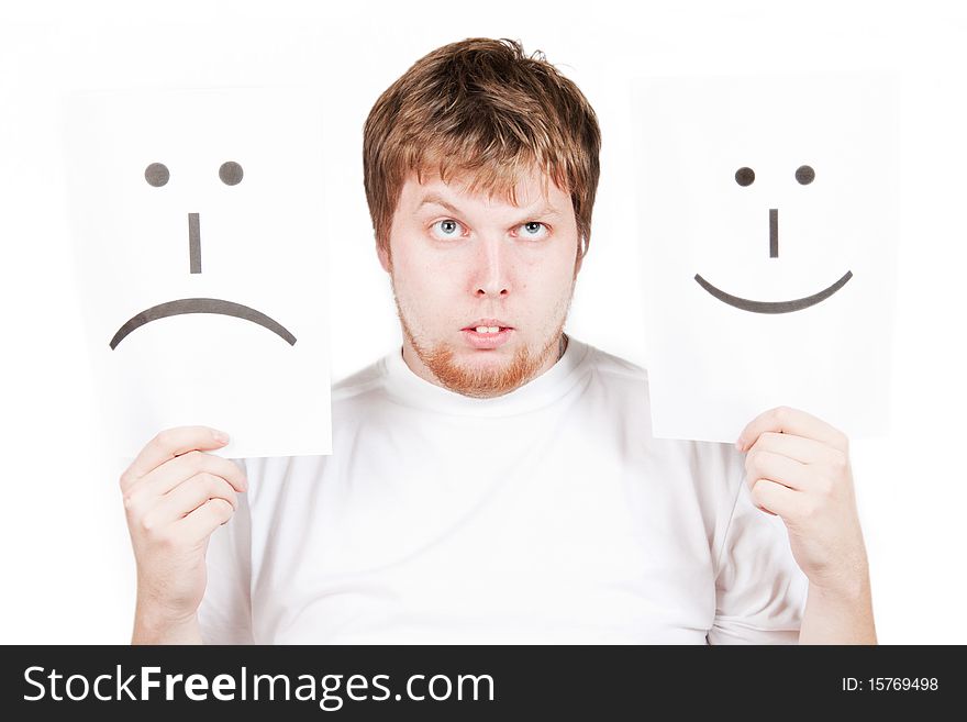 Funny young man with with a smile face drawn on paper isolated on a white background. Funny young man with with a smile face drawn on paper isolated on a white background