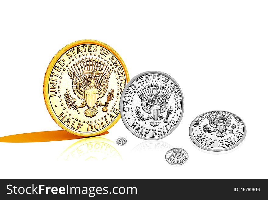 3D multi-use group of Half dollar coins in white  background