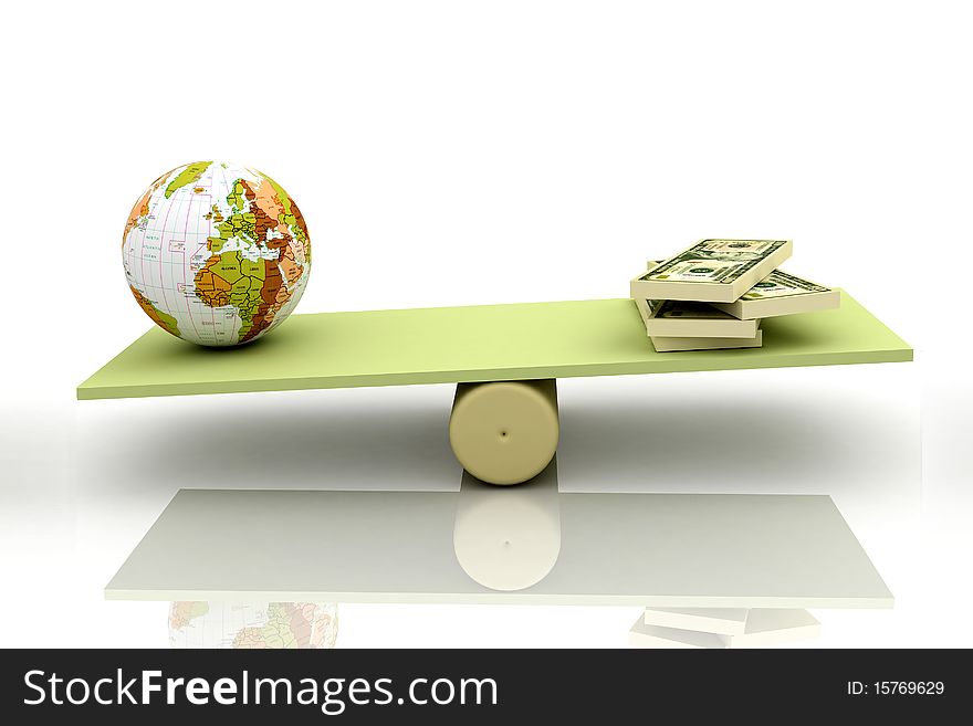 High quality 3d  render earth and dollar balancing in white background