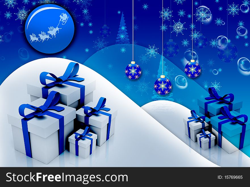 Digital illustration of abstract Winter background with gift box